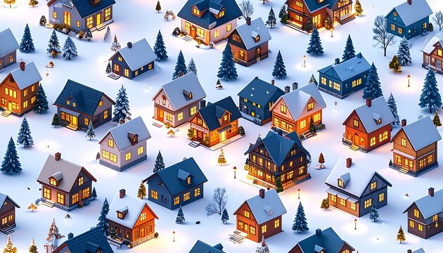 Cozy pixelated village scene with glowing houses and snow-covered pine trees, isometric view, winter holiday atmosphere