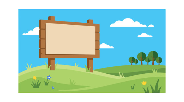 A sturdy wooden frame signboard with a light tan surface is positioned on a rolling grassy hill decorated with tiny yellow and blue wildflowers under a clear sky.