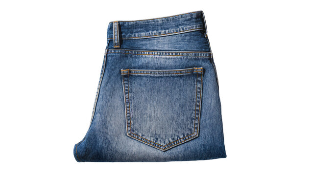 Isolated neatly folded blue denim jeans, back view displaying pocket and belt loops