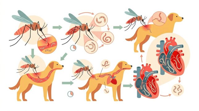 This infographic presents the stages of the dog heartworm lifecycle, illustrating how mosquitoes transmit heartworms to dogs, impacting their health.