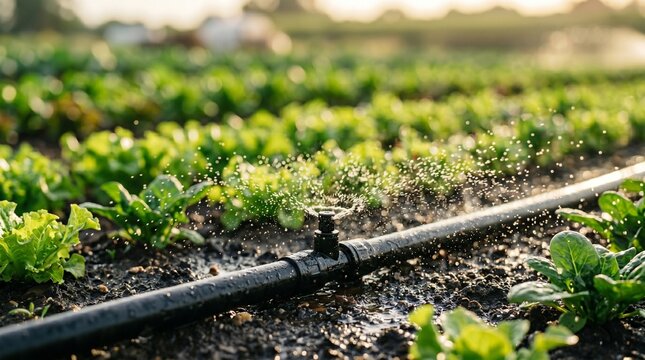Automated micro sprinkler system watering fresh leafy vegetables in a farm field for sustainable growth