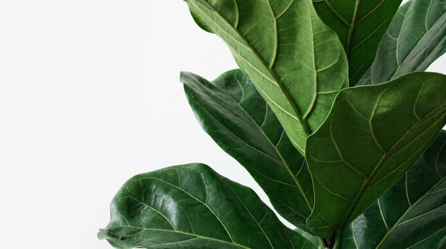 Vibrant fiddle leaf fig leaves show natural texture against a white background for interior design.