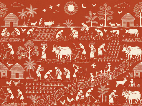 A beautiful illustration in the traditional Indian Warli folk art style, featuring a terracotta background with white stick figures. The artwork depicts various rural activities including farming, 