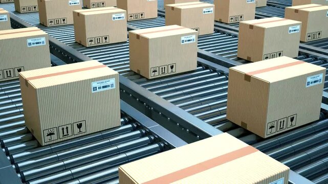 4K Loopable Conveyor Belt with Rows of Cardboard Boxes in Industrial Warehouse for Delivery and Production Line Concept
