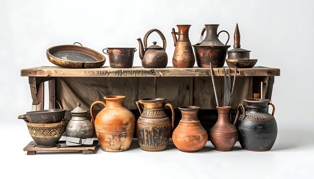 Collection of rustic antique pottery and earthenware vessels, including jugs, vases, and bowls, displayed on a weathered wooden shelf with a fabric backdrop, evoking historical craftsmanship