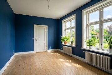 Fototapeta premium Empty Room with Blue Walls and Large Windows.