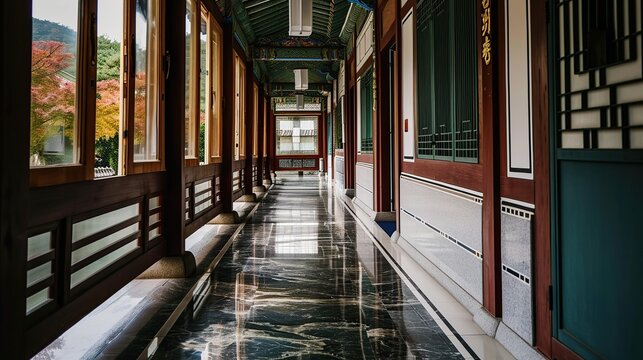 Long Repeating Corridor of Traditional Chinese Architecture with Reflective Polished Floor