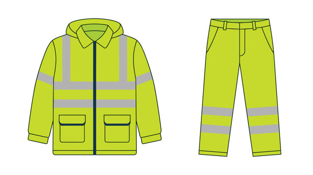 A complete set of fluorescent yellow safety workwear including a long-sleeved jacket and trousers with silver reflective stripes displayed on a plain white background.