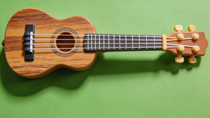 Fototapeta premium A wooden toy ukulele with four strings rests on a plain green surface.