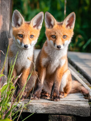 Obraz premium Two curious red fox kits sitting closely together on a wooden platform surrounded by green grass and natural forest background in daylight