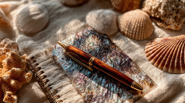 Seashells and Pen on Notebook Coastal Still Life Composition.