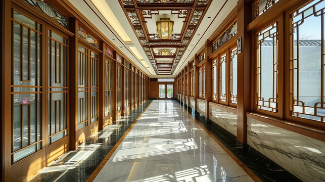 Intricately decorated long corridor featuring glass paneled walls and ornate gilded ceiling