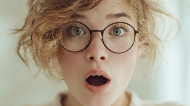 Young woman with curly hair wearing round glasses showing surprise with wide open eyes and mouth expressing shock or amazement against soft background