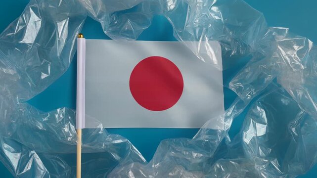 海洋プラスチックごみに囲まれた小さな日本国旗