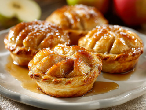 Golden brown mini apple pies drizzled with rich caramel sauce on a white plate with fresh apples in the background for a cozy dessert scene