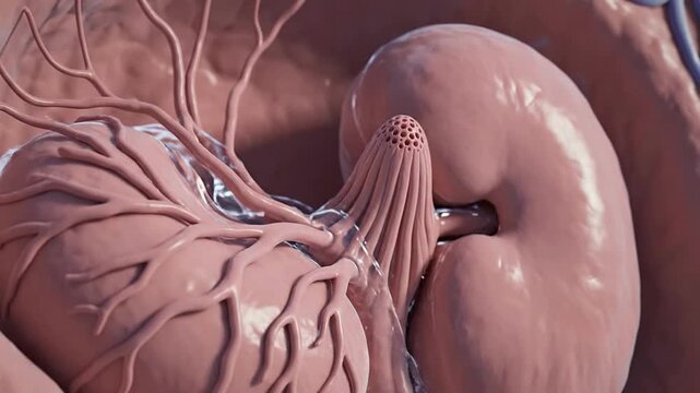 4K CGI Medical Visualization of Normal Kidney Papillae Structure with Detailed Vascular Connections and Anatomical Features