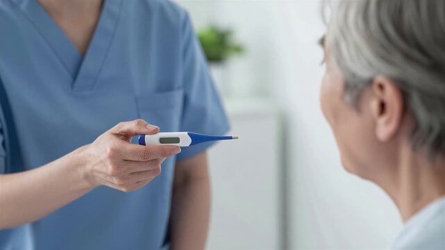 Senior Patient Handing Digital Thermometer to Caregiver After Temperature Check,4K