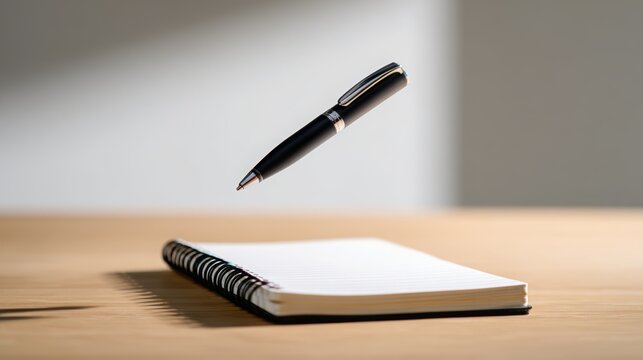 Floating pen levitating above an open blank notebook on a wooden table, symbolizing creativity, inspiration, imagination, innovative thinking, and boundless ideas
