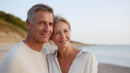 Fototapeta premium Portrait of a happy mature man embraced by his wife at the beach, senior couple and sea shore concept, with copy space