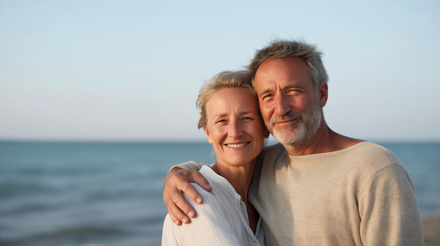 Portrait of a happy mature man embraced by his wife at the beach, senior couple and sea shore concept, with copy space