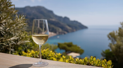 Obraz premium Glass of white wine at a restaurant overlooking a beautiful Mediterranean landscape in Italy, wine and sea view concept, with copy space