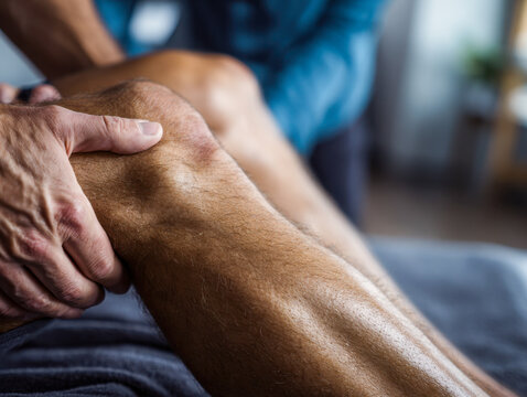 Man receiving therapeutic knee massage treatment to relieve joint pain and improve mobility during a physical therapy session in a home setting