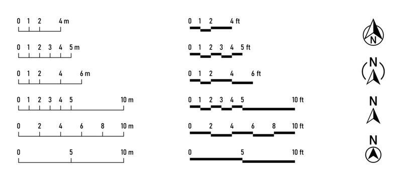 Linear Scale Bar Cartography Symbol Sign Meter Measurement Element Icon Set for Map or Site Plan. Vector Image.