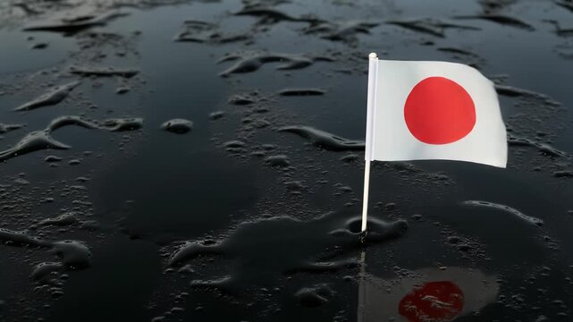 黒い油に覆われた水面と小さな日本国旗が映す環境危機の象徴