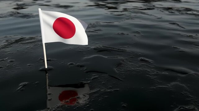 黒い油に覆われた水面と小さな日本国旗が映す環境危機の象徴