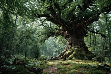 Fototapeta premium Enchanting Old Oak Tree in Lush Forest
