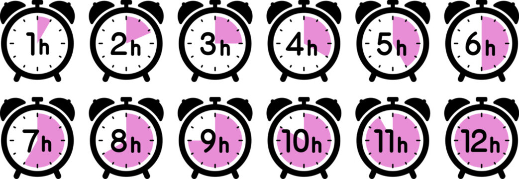 時間を示す時計のアイコン（alarm clock icon　1h/2h/3h/4h/5h/6h/7h/8h/9h/10h/11h/12h）
