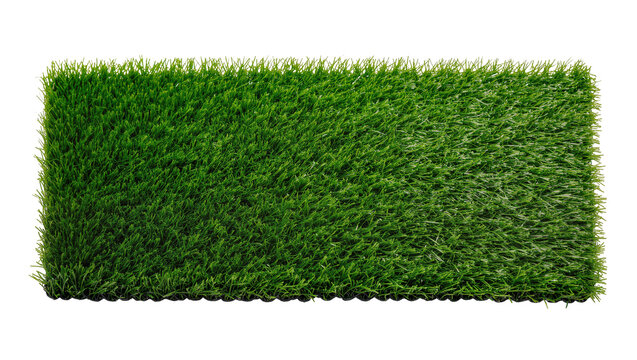 Isolated green artificial grass patch sample, fake synthetic turf mat for outdoor landscaping design