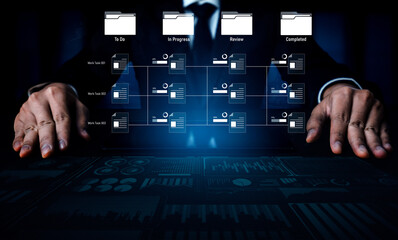 Task workflow system showing document progress through stages. Task tracking improves productivity,...