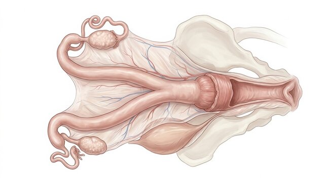 This illustration shows the female reproductive system, offering details helpful for veterinary education on pet health and care.