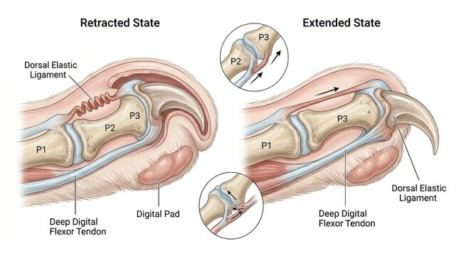 Illustration shows two states of a pets claw, including details of the claw retraction mechanism and associated ligaments and tendons.