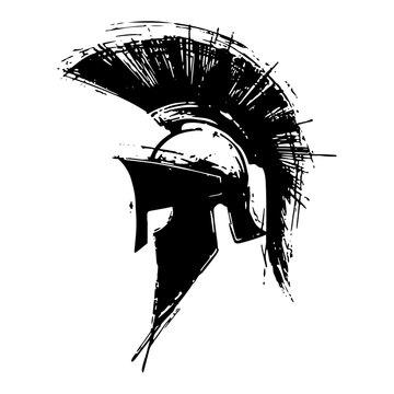 Ancient spartan or roman helmet with plume profile ink sketch
