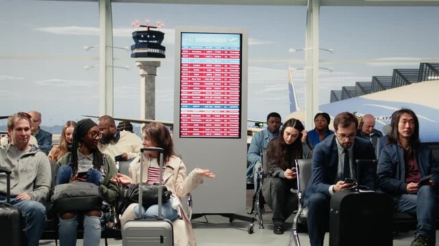 Multiethnic crowd in airport waiting for departure gate to open after global disruption delays flights. Tourists upset by cancelled international flight in air transportation transit hub, camera A