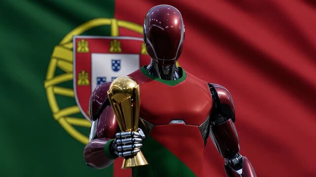 A robot in red and green colors holding a golden trophy with the Portugal flag in the background, a soccer concept.