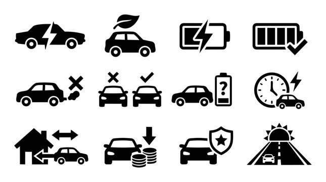 Electric Mobility Concept Silhouette Icon Set &ndash; EV Charging, Battery, Green Transport Symbols