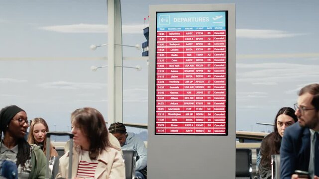 Multiethnic crowd in airport waiting for departure gate to open after global disruption delays flights. Tourists upset by cancelled international flight in air transportation transit hub, camera A