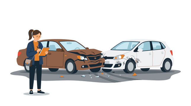 Insurance agent in a dark jacket writes on a clipboard to document a front-end vehicle accident featuring a damaged brown sedan and white hatchback on pavement.