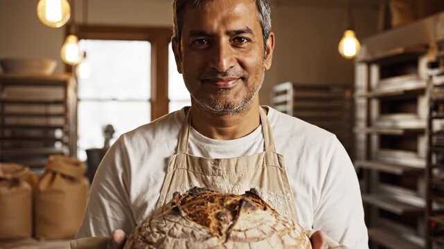 Smiling baker man holding fresh artisan bread in bakery