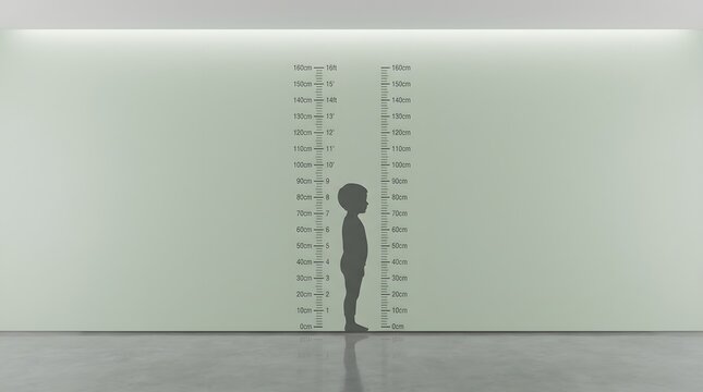 Child standing next to height measurement wall.