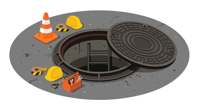 An open circular sewer manhole reveals a metal ladder inside as construction safety equipment sits neatly arranged on the textured gray asphalt surface of a city road.