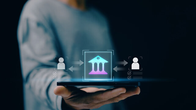 Digital banking and online finance concept. Virtual bank interface on smartphone. Secure transactions, fintech services, mobile banking, financial technology and modern digital payment systems.