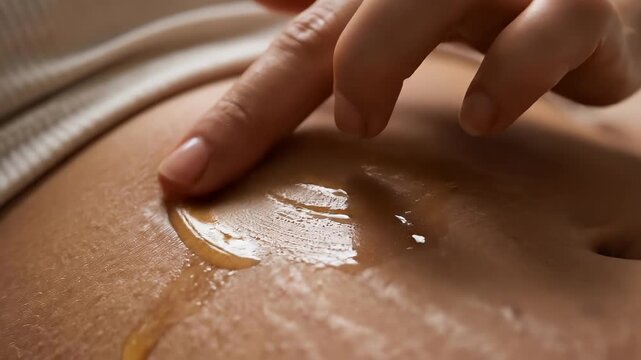 Close up of female hand applying natural honey sugar wax to smooth skin for hair removal concept and spa body treatment