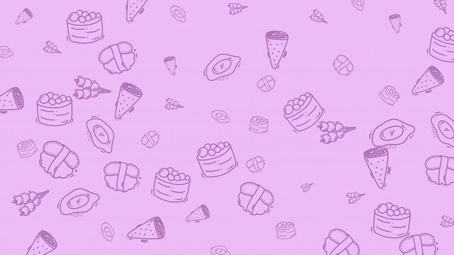 Seamless repeating pattern of sushi food items. Ideal for wrapping paper, restaurant menus, and kitchen accessories design projects.