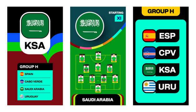 Saudi Arabia national football team worlds 2026 football tournament graphics, displaying groups and starting lineup world football mundial or 2026 soccer cup  vertical design.