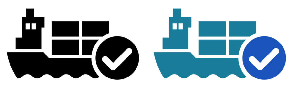 海上輸送完了アイコン コンテナ船とチェックマークの物流シンボル Shipping Completed Icon Cargo Ship with Check Mark Maritime Delivery Symbol
