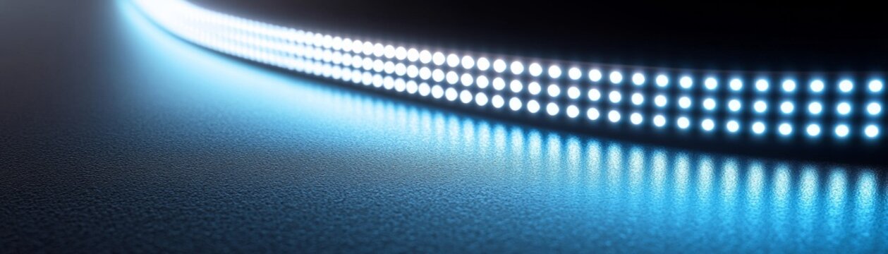 Bright three-row LED strip curves on a textured dark ground, casting radiant blue reflections. Modern abstract light path, digital technology concept. Illumination, Future